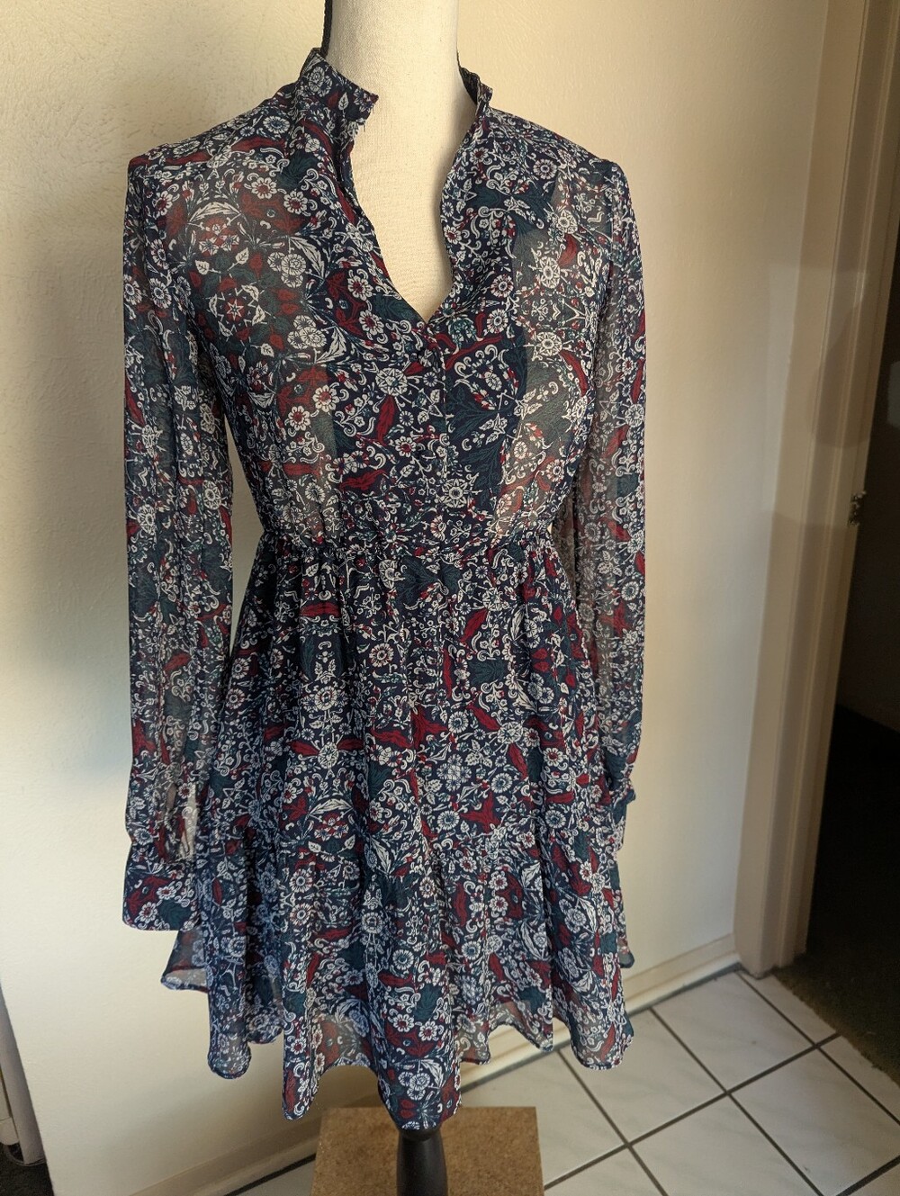 Sheer  Mini Navy Floral Long-Sleeve Tiered Dress.